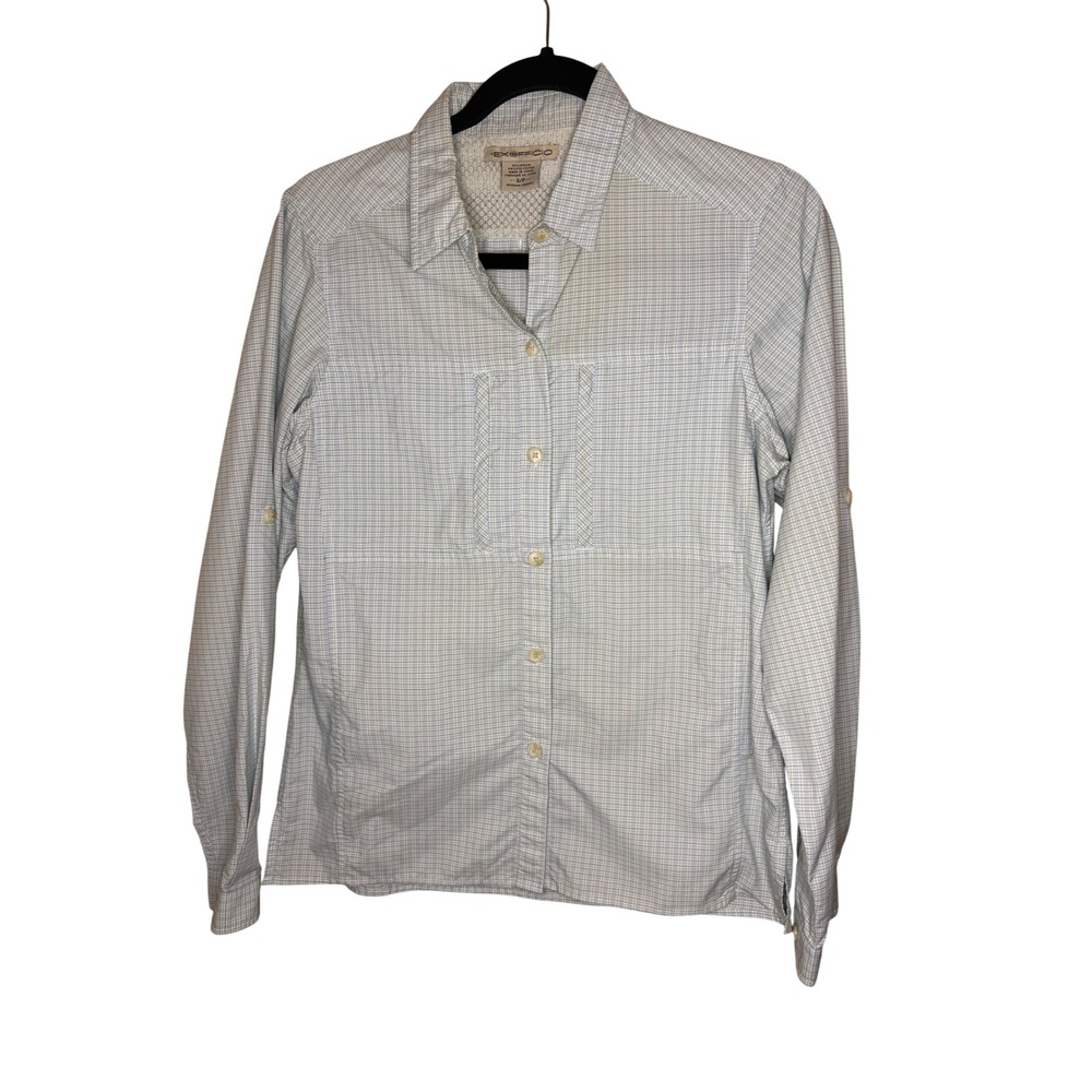 ExOfficio Womens Small Blue Plaid Hiking Shirt Long Sleeve Vented Back Button Up